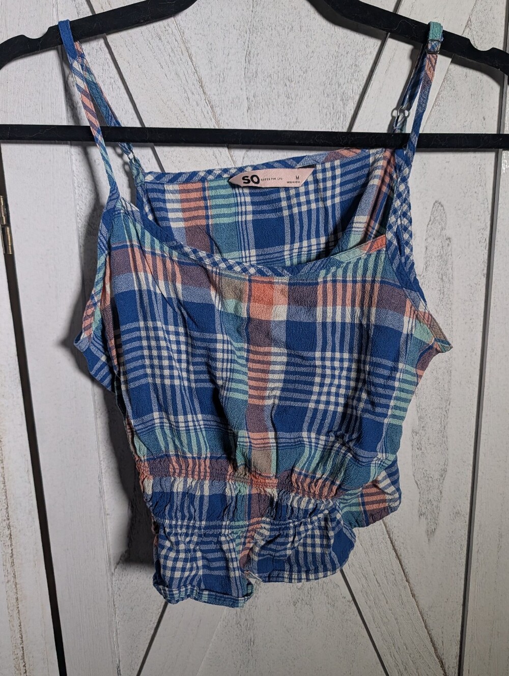 SO Blue Plaid Smocked Peplum Crop Top Adjustable Straps Size M
